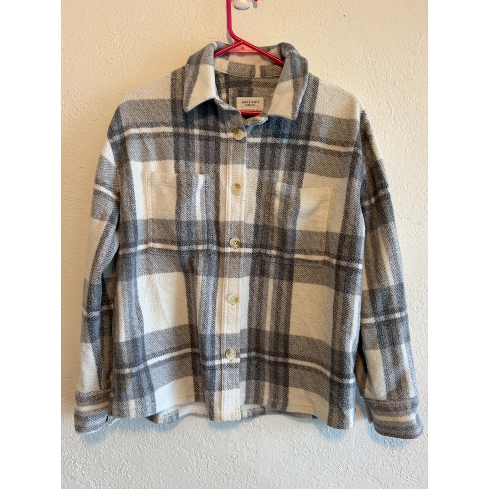 American Eagle Gray White Plaid Flannel Button Up Shirt XS 7717262521
